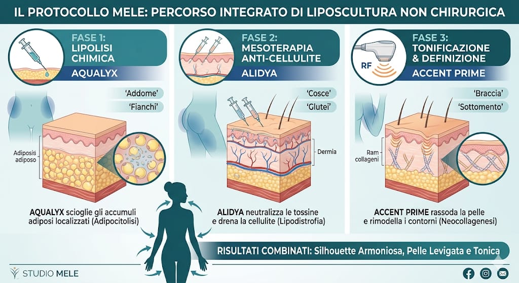 Infografica medica Protocollo Mele per liposcultura non chirurgica con fasi Aqualyx Alidya e Accent Prime
