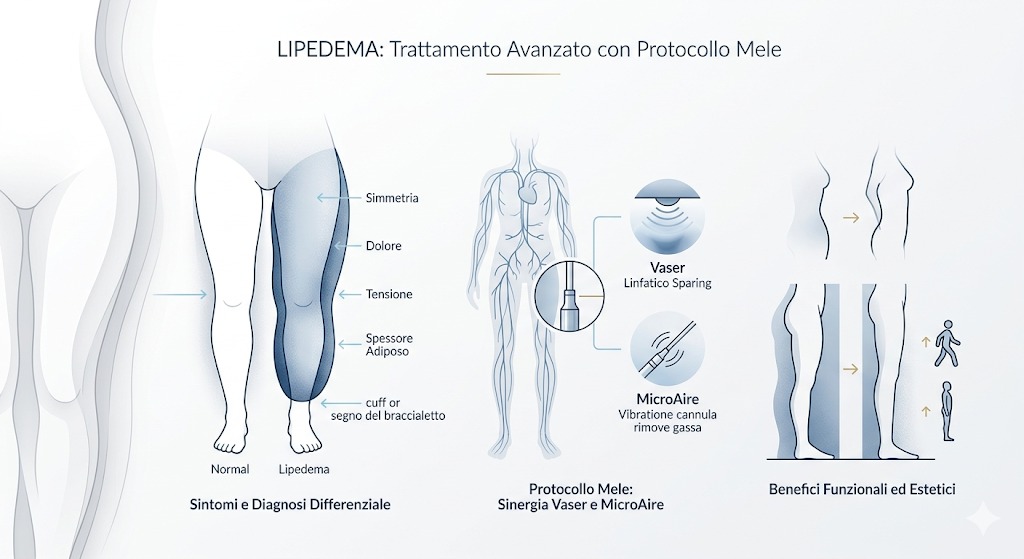 Infografica medica sul Lipedema Napoli: confronto sintomi gambe, tecnologia Vaser e MicroAire del Protocollo Mele e risultati funzionali ed estetici.